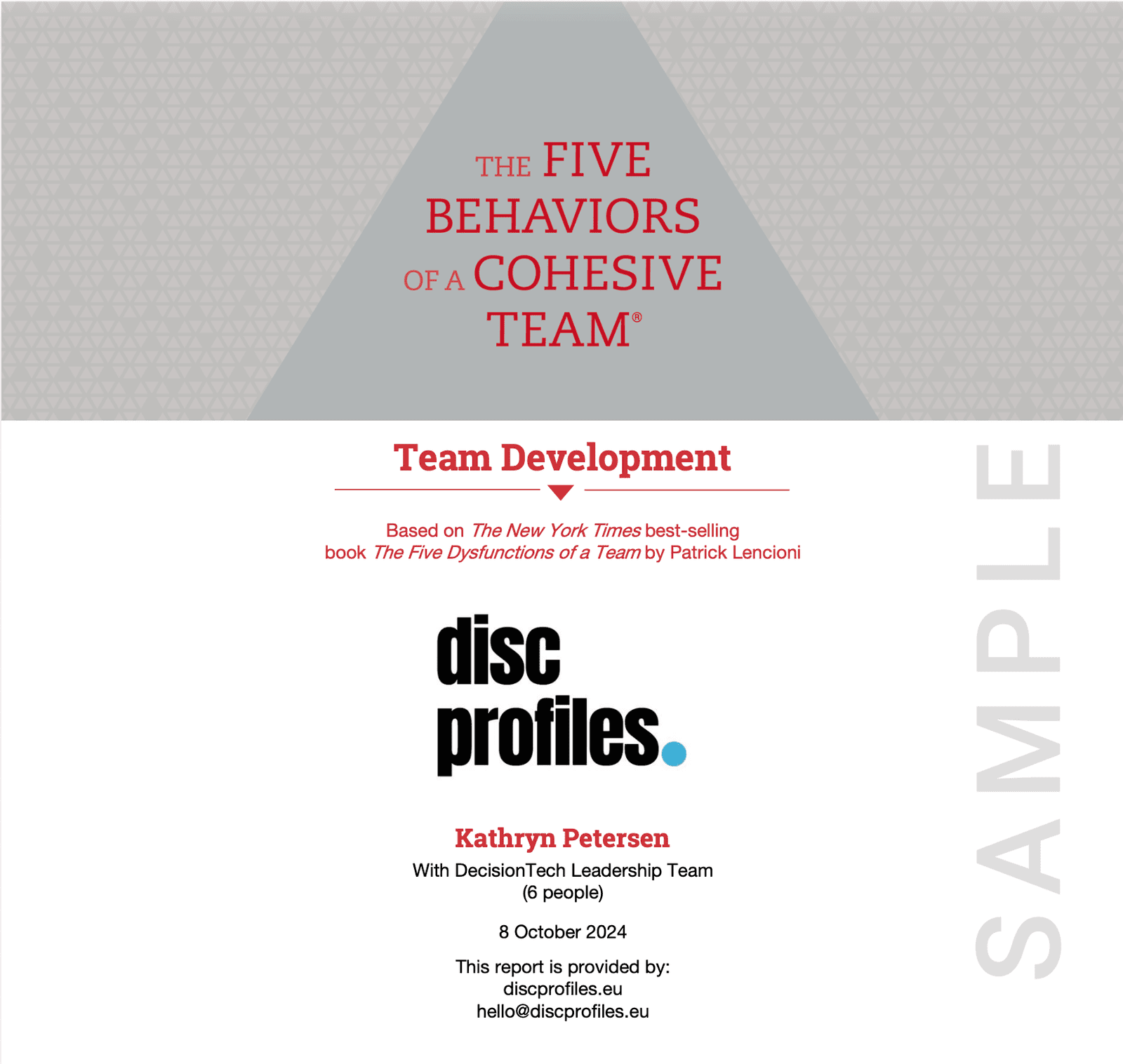 The Five Behaviors® — Build Cohesive Teams 8 Team Development sample report